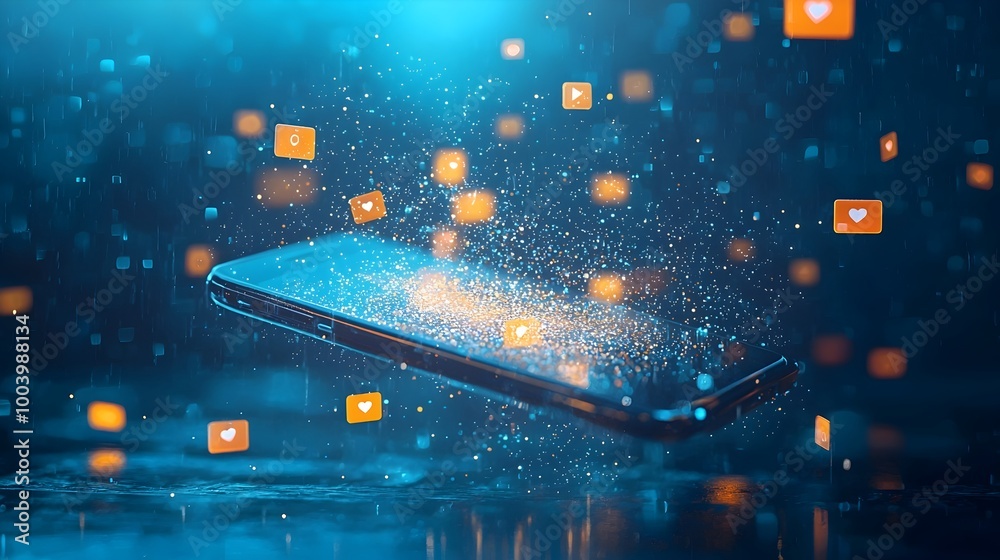 Poster Glowing smartphone screen displaying messages and likes as light particles floating in the air in a digital futuristic and minimalist composition