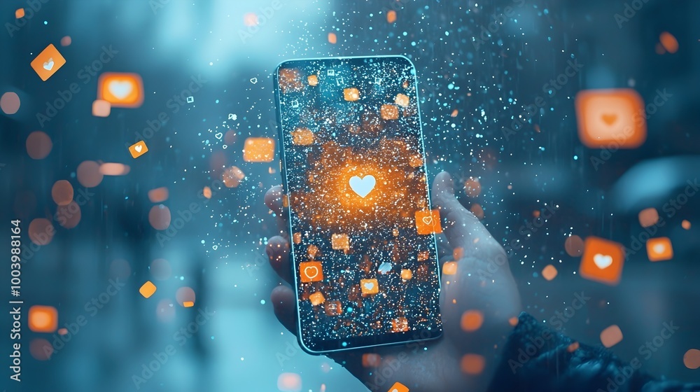 Poster Glowing smartphone screen with messages and social media likes appearing as shimmering light particles floating in an ethereal digital landscape