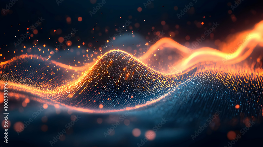 Wall mural abstract representation of flowing waves with glowing particles in vibrant colors on a dark backgrou