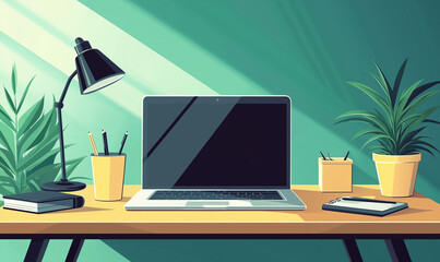 Workspace Illustration with Laptop on Desk - Home Office Concept