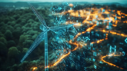 Futuristic wind turbine with digital overlay, symbolizing renewable energy and smart city integration.