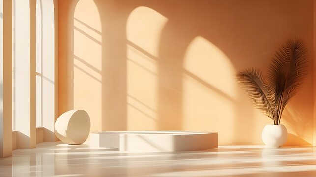 Minimalist 3D studio layout with clean architectural interior product display stand soft orange tones natural shadows from window and dimensional depth