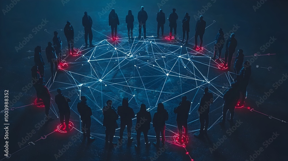 Fototapete Group of People Standing in a Circle Connected by Glowing Lines Representing Digital Interactions and Communication in the Modern Technology driven World