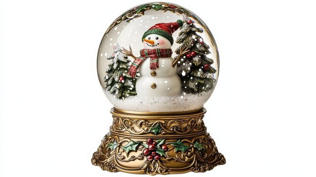 Snow globe featuring a snowman with a red and green scarf and swirling snow