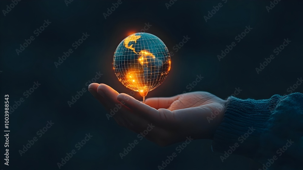 Poster hand holding a small model of the earth with a glowing solar panel grid wrapping around it represent