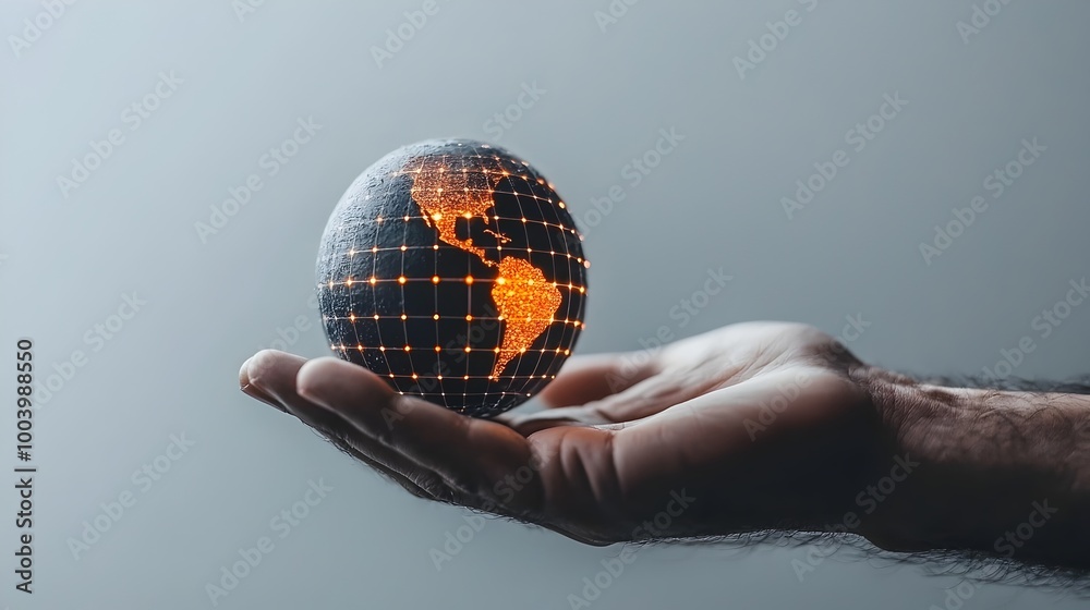Poster hand holding a small scale model of the earth with a glowing solar panel grid wrapping around it rep