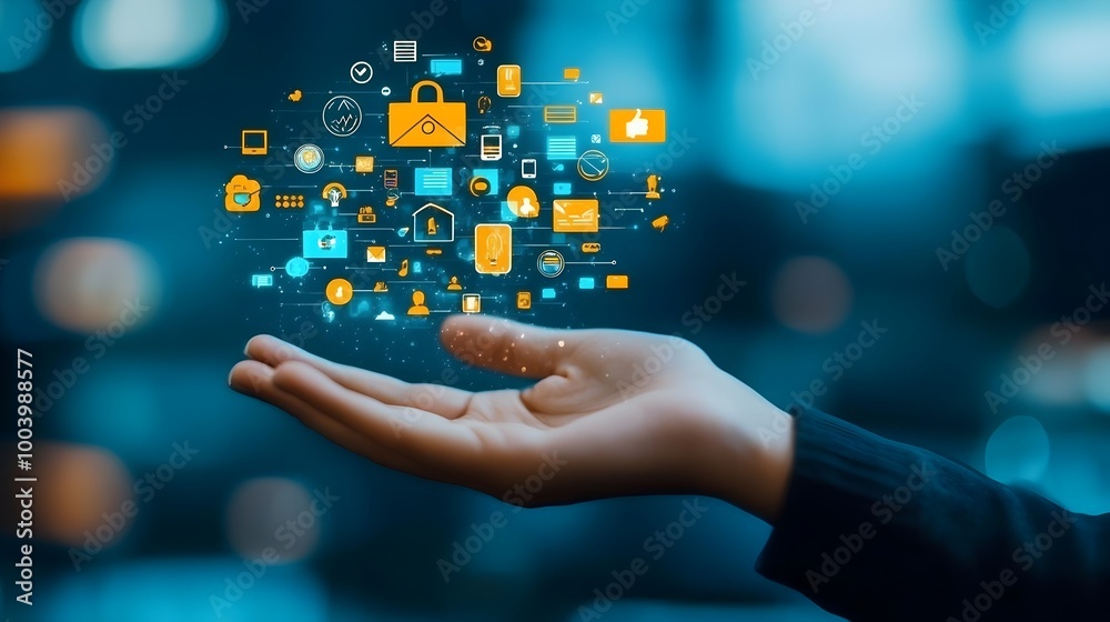 Aufkleber Hand Holding a Bouquet of Floating Icons Each Symbolizing Different Forms of Digital Engagement and Interaction in a Connected Technology Driven World