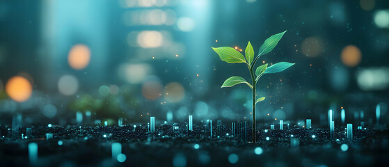 A small green plant emerging from dark soil in a softly illuminated urban environment, representing growth and resilience.