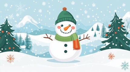 Fototapeta premium Christmas trees and snow-covered hills with a joyful snowman in a banner design