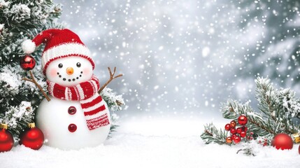 Snowman with a red and white striped scarf in a festive banner design