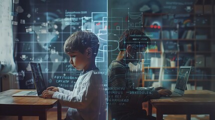 A split-screen comparison showing a child in a high-tech classroom on one side and another child in a low-tech environment on the other, illustrating the digital divide in education.