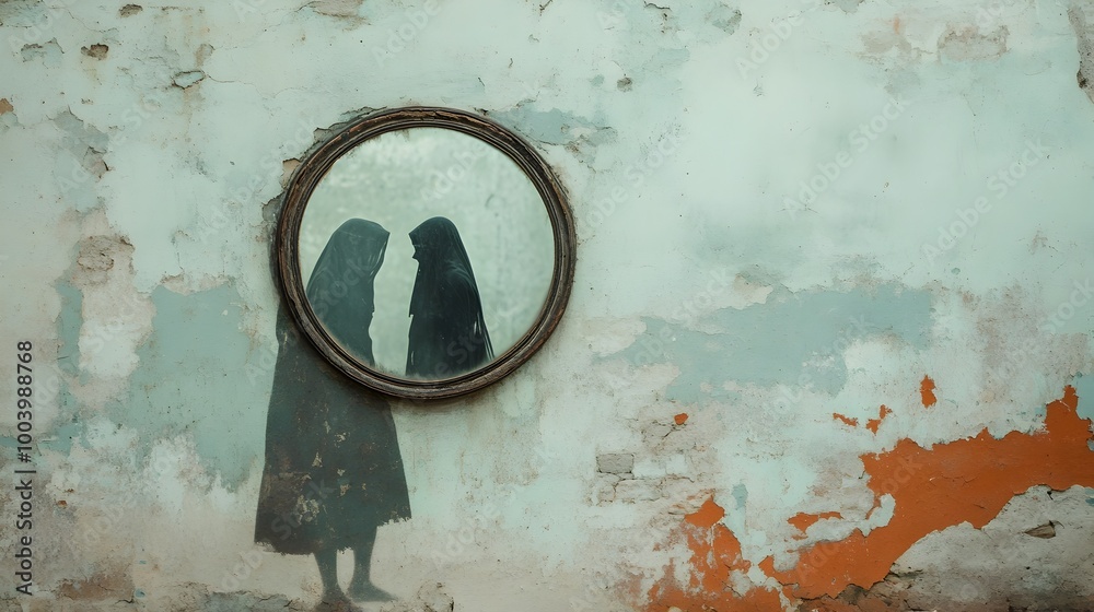Aufkleber Haunted Mirror Costume Where the Person s Reflection Shows a Different Spooky Creature Blending Reality and Illusion in a Surreal and Unsettling Way