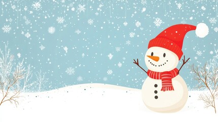 Snowflakes and twinkling stars surrounding a snowman in a Christmas banner