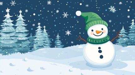 Fototapeta premium Snowy trees and a snowman under a starry sky in a festive marketing banner