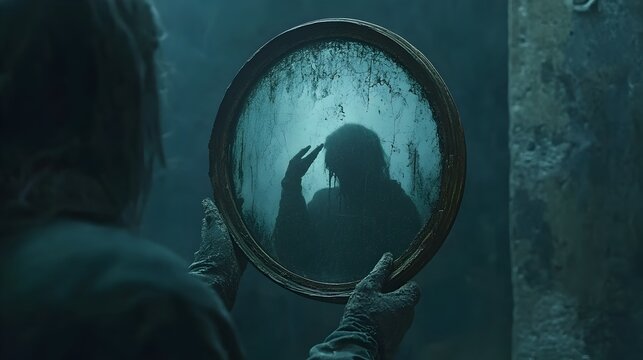 Haunted Mirror Costume Blending Reality and Illusion   A person wearing a costume that shows a different spooky creature reflection in the mirror creating an unsettling and supernatural effect