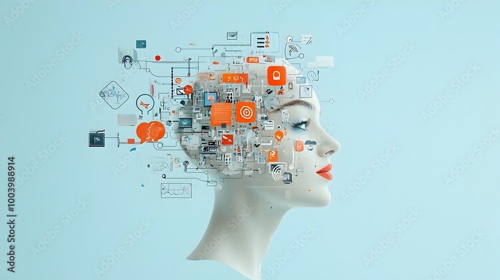 Aufkleber illustrative representation of a human face emerging from a composition of floating abstract icons a
