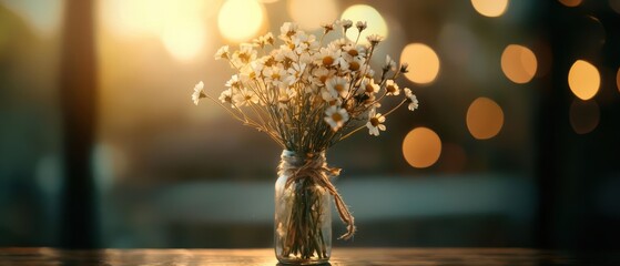 A beautiful bouquet of dried flowers in a jar, softly illuminated by warm bokeh lights in the background.