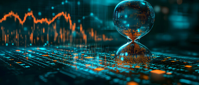 A digital hourglass on a background of graphs and data, symbolizing time management and technology.
