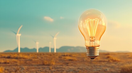 Lightbulb floating above a desert landscape with wind turbines in the background representing the transition from traditional to renewable energy sources and the innovative potential of clean power