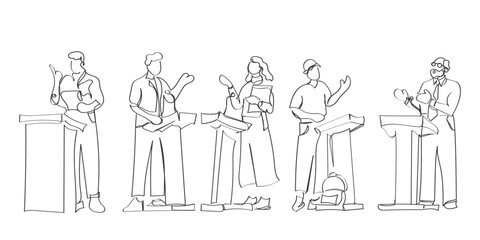 Obraz premium hand drawn line art vector of debate competition. Debate concept art. Arguments and speech concept art.Hand drawn line art vector of people debating. Debates and talks concept.Political debate and cam