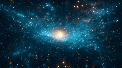 A stunning view of a galaxy, showcasing swirling stars and cosmic dust against a deep blue backdrop.