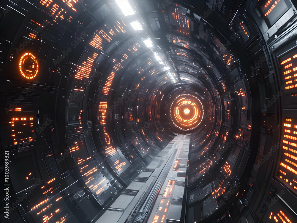 Poster futuristic tunnel with glowing patterns and lights, creating an immersive sci-fi experience.