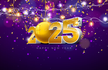 2025 Happy New Year Illustration with 3d Number, Gold Christmas Ball and Light Garland on Falling Confetti Background. Holiday Design with Typography Lettering for Flyer, Greeting Card, Banner