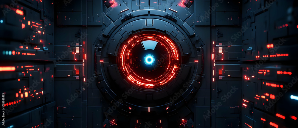 Wall mural futuristic technological design with a glowing circular pattern and vibrant red and blue lights on a
