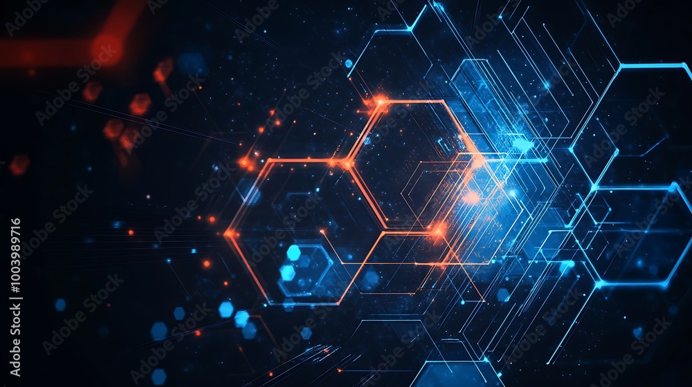 Aufkleber Abstract digital network background with hexagonal shapes in blue and orange.