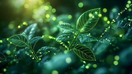 Close-up of vibrant green leaves with soft bokeh lights, showcasing nature's beauty and tranquility.