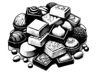 Detailed black and white illustration of chocolates white background. Vector, generative ai.