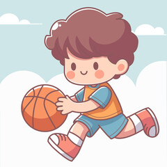a boy playing basketball with a ball and a blue background with clouds