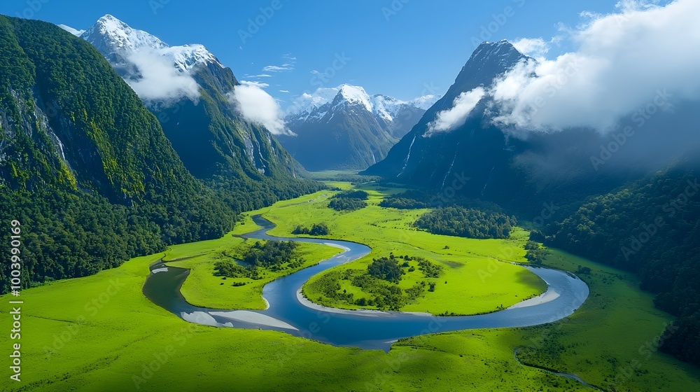 Aufkleber majestic rugged mountain range stretching across the horizon with a tranquil river winding its way t