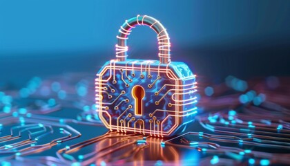 Fototapeta premium Digital Security and Protection Concept, blue 3d padlock with keyhole and circuit board patterns, symbolizing encryption, data protection, and modern cybersecurity technology. 