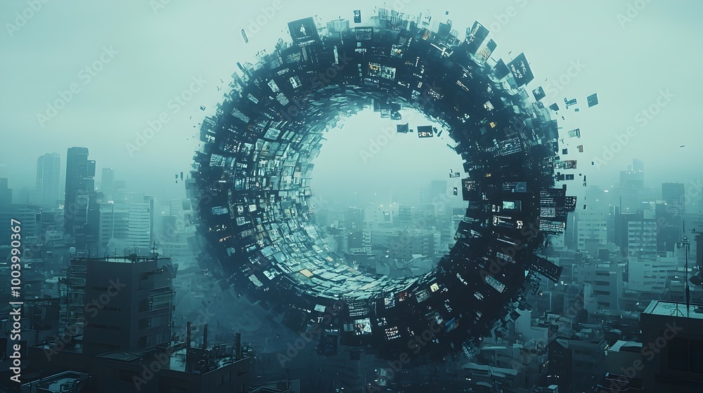 Aufkleber Mesmerizing digital wave made of text and image fragments sweeps across a dynamic cityscape creating a captivating visual display of overlapping and intertwining elements