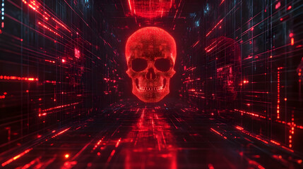Futuristic digital skull in a red glowing network, symbolizing advanced technology and virtual reality.