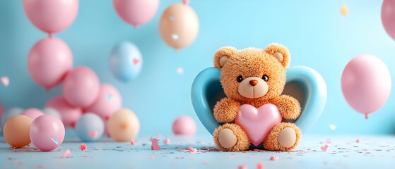 A cute teddy bear holding a heart, surrounded by colorful balloons, creating a joyful and playful atmosphere.