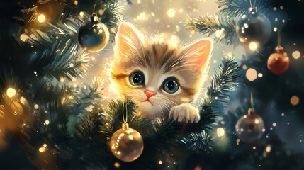 Adorable kitten peeking through Christmas tree branches, surrounded by ornaments and lights