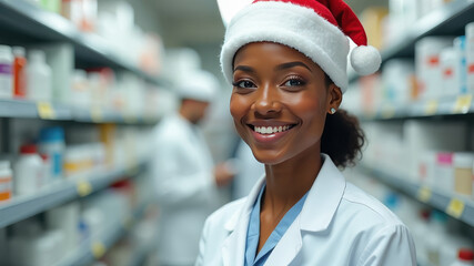 A smiling African American pharmacist wearing a white uniform and a red Santa hat looks at the camera. Pharmacy background. 