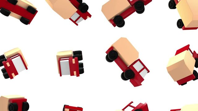 3D Low Poly Trucks Falling on a White Background. Cartoon Trucks Animation. 4K 