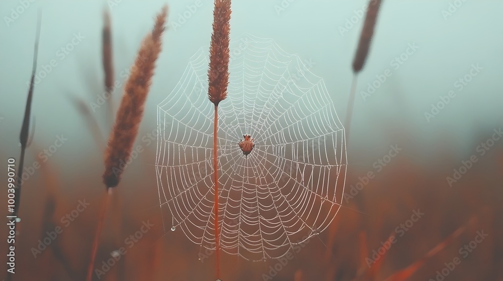 Aufkleber Misty morning with spider webs glistening in the dew creating a captivating and serene natural scene  Delicate and fragile web structures silhouetted against the hazy atmospheric landscape