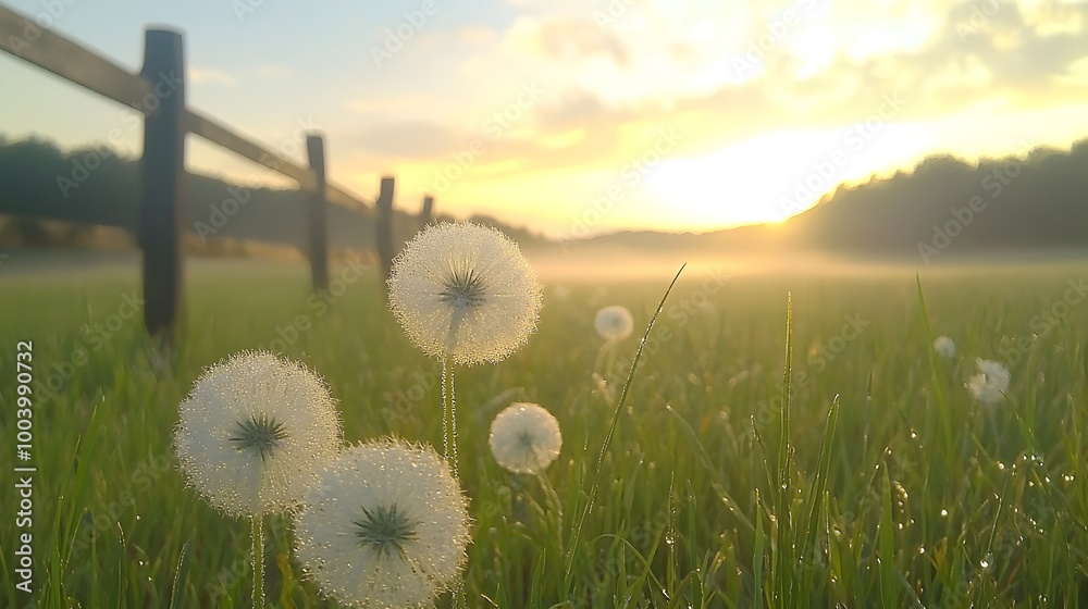 Aufkleber Misty morning landscape with spider webs glistening with dew creating a captivating and serene natural scene  The delicate intricate webs are suspended in the hazy atmospheric environment