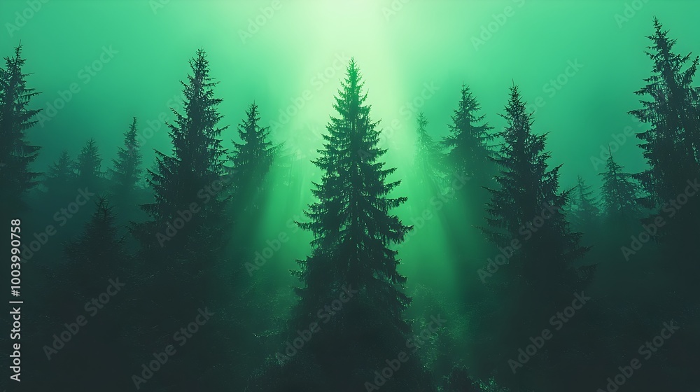 Poster misty sunlit pine forest landscape with a tranquil serene and atmospheric ambiance tall evergreen tr