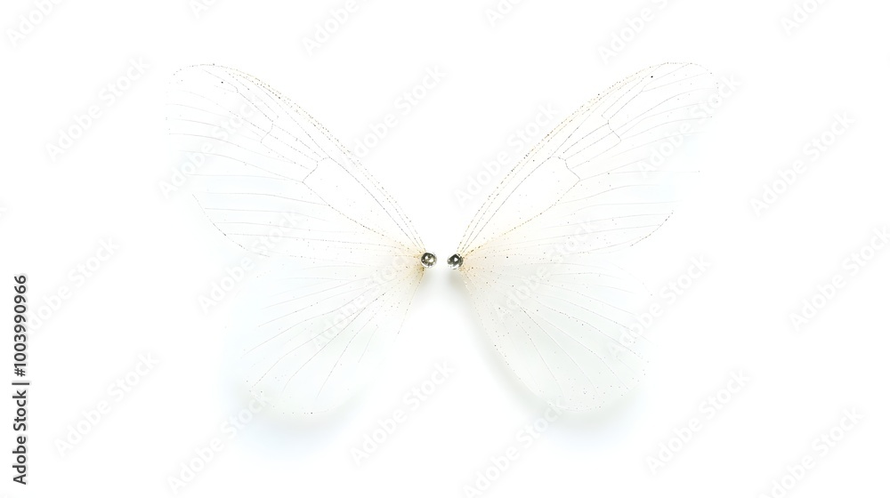 Fototapete Pair of semi translucent fairy wings with glittering shimmering edges set against a pristine white background creating an ethereal fantastical and whimsical visual display