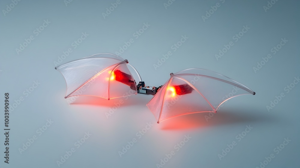 Aufkleber pair of futuristic glowing led bat wings laid flat on a white surface with a subtle reflection of th