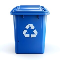 Blue Recycling Bin with Recycle Icon on White Background