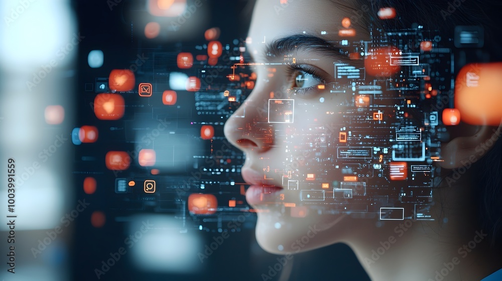 Poster Portrait of a person s face illuminated by multiple colorful digital notifications symbolizing the impact and prominence of online connections and technology in modern life