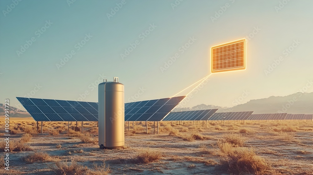 Poster renewable solar energy power in vast field of photovoltaic solar panels under a clear blue sky with 
