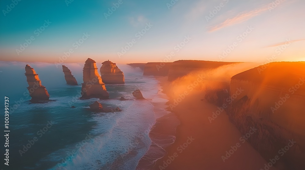 Poster rugged dramatic coastline with towering cliffs and crashing foaming waves at the edge of the sea ill
