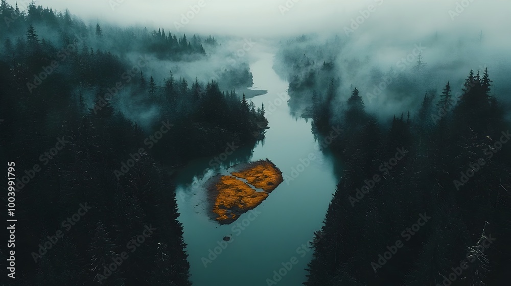 Aufkleber serene and atmospheric shot of a misty river winding its way through a dense lush forest landscape t